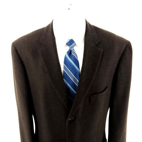 Hugo Boss Tweed Wool 3 Button Sport Coat 42L Brown‎ Black Herringbone Blue Spec - Picture 1 of 10